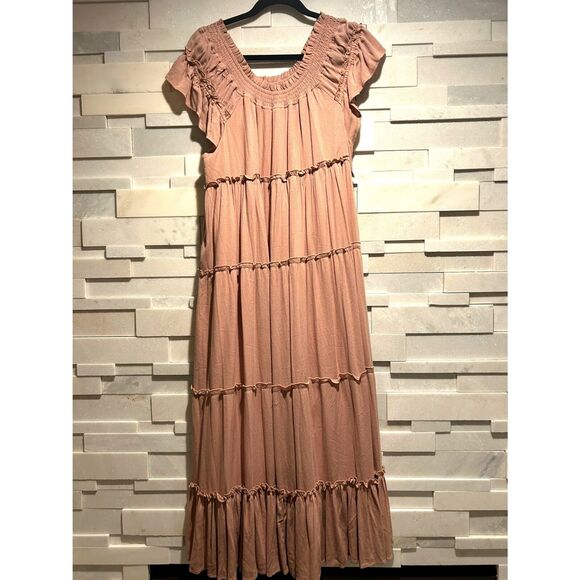 MABLE blush pink mauve tiered ruffle on/off shoulder maxi dress pockets sz L - Picture 2 of 4